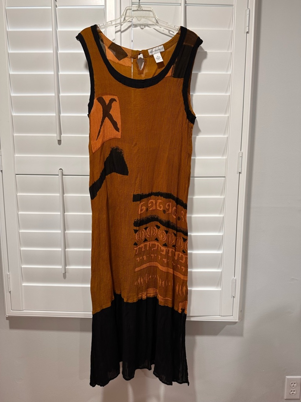 Anna Maxwell Crinkle Gauze Sleeveless Midi Dress Sz 2X Boho Artsy Mustard Black